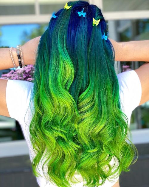 Dark Blue into Bright Green Hair Color