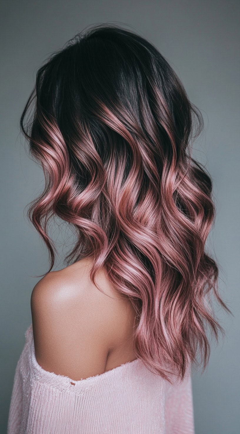 Dark brown hair transitioning into soft pink balayage waves.