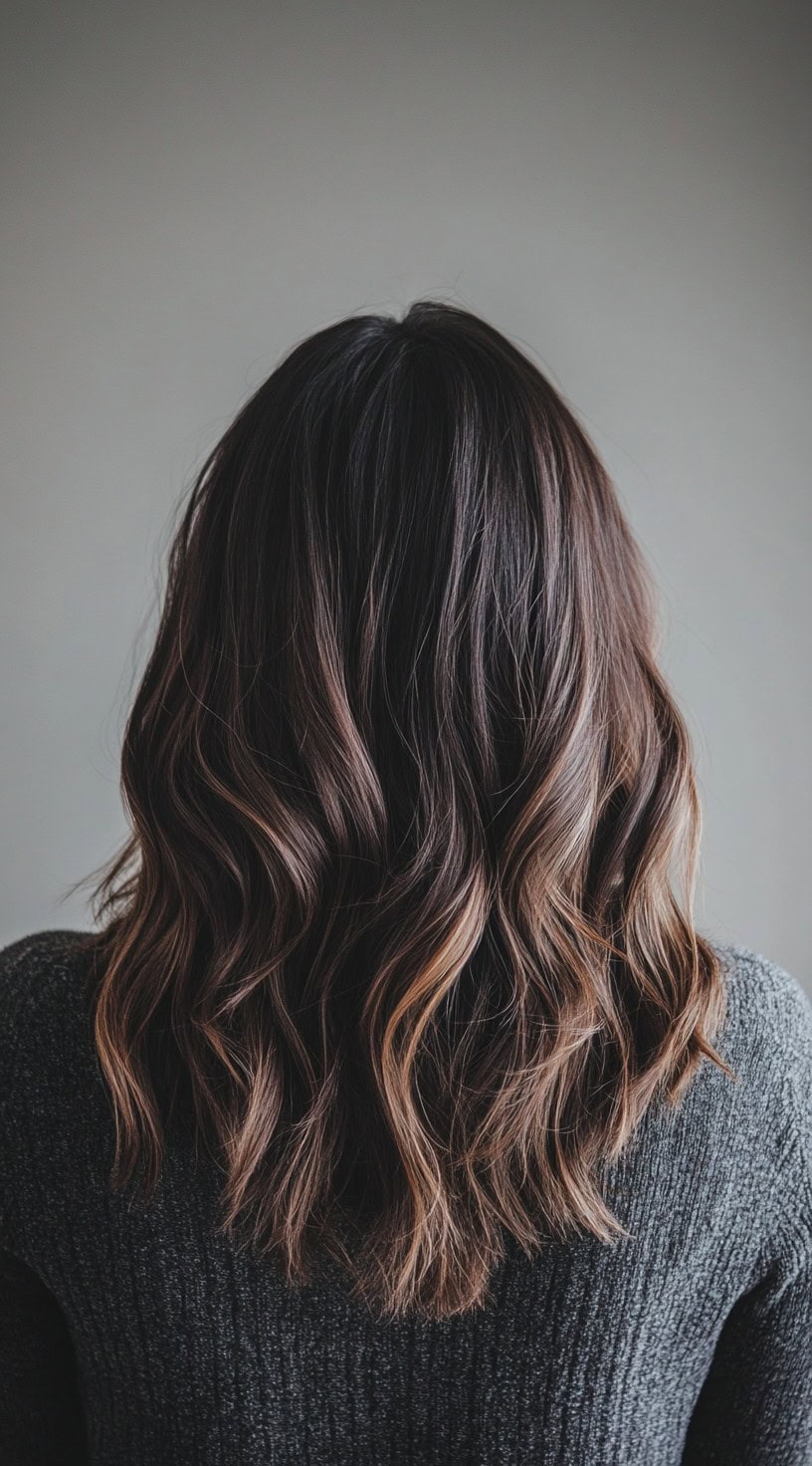 Dark brown hair with rich caramel highlights and soft curls.