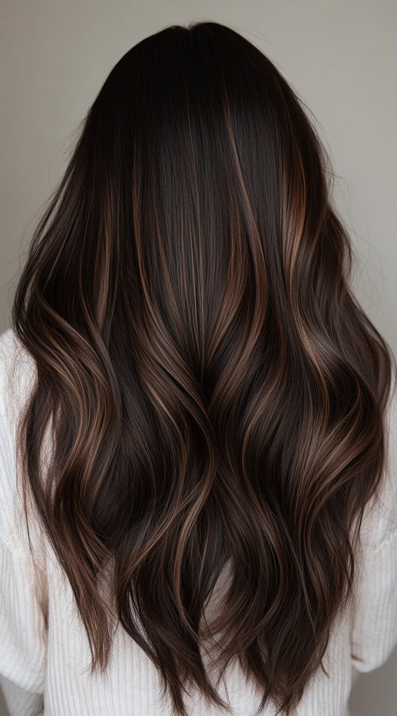 Dark brown hair with soft, warm caramel highlights woven throughout.