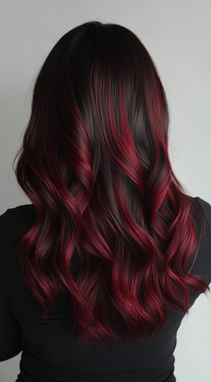 Dark brown hair with vibrant crimson red balayage styled in loose waves.