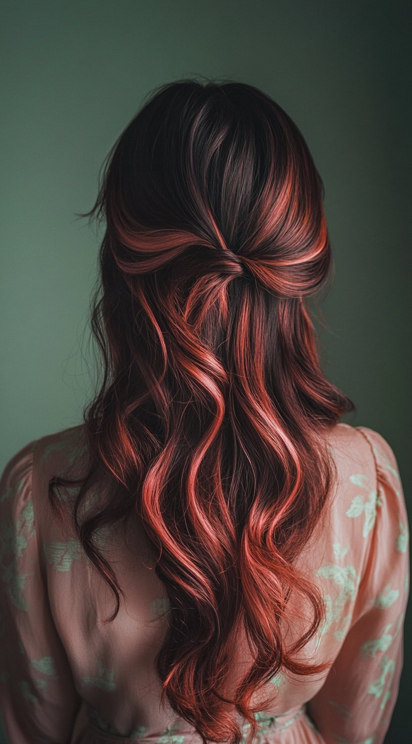 Dark brown hair with vibrant red balayage, styled in loose waves with a half-up twist.