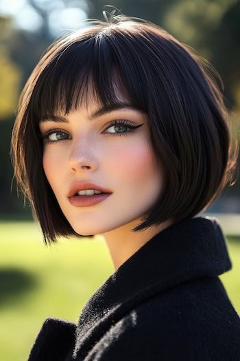 Dark Brown Textured Bob With Bangs Haircut on a woman with short brown hair.