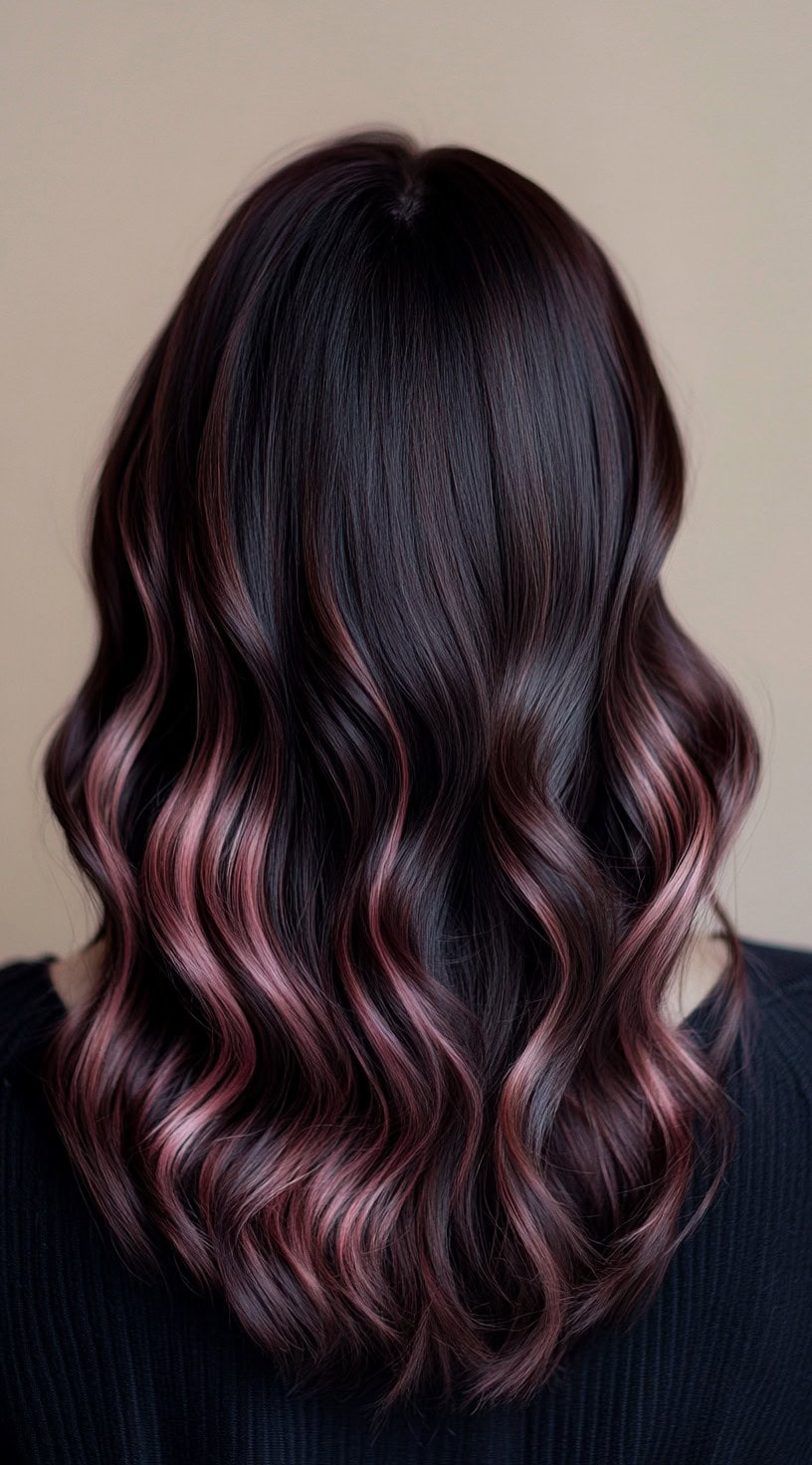 Dark brown waves with soft rose gold highlights throughout.