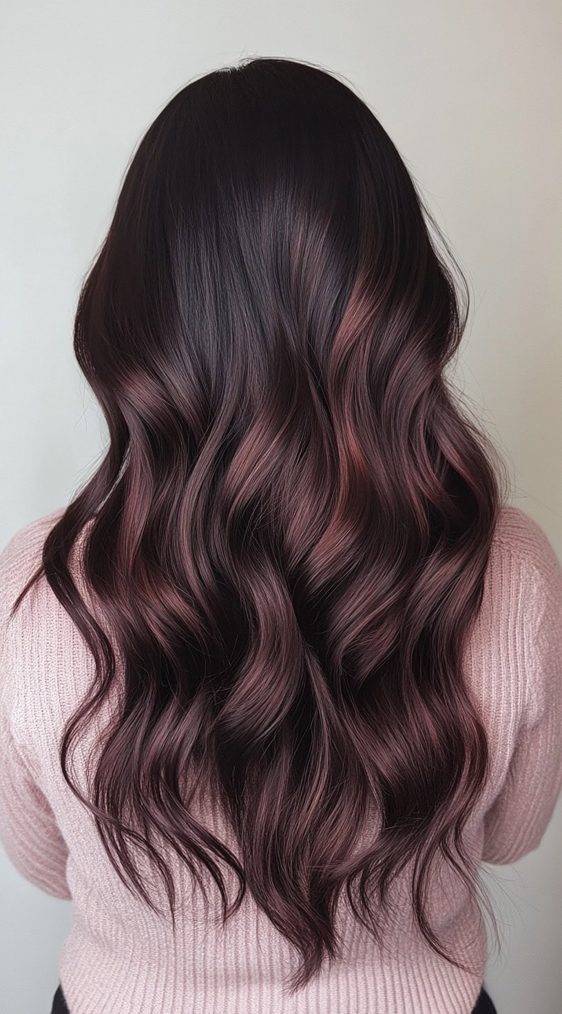 Dark brunette hair with subtle red balayage highlights blending into wavy lengths.