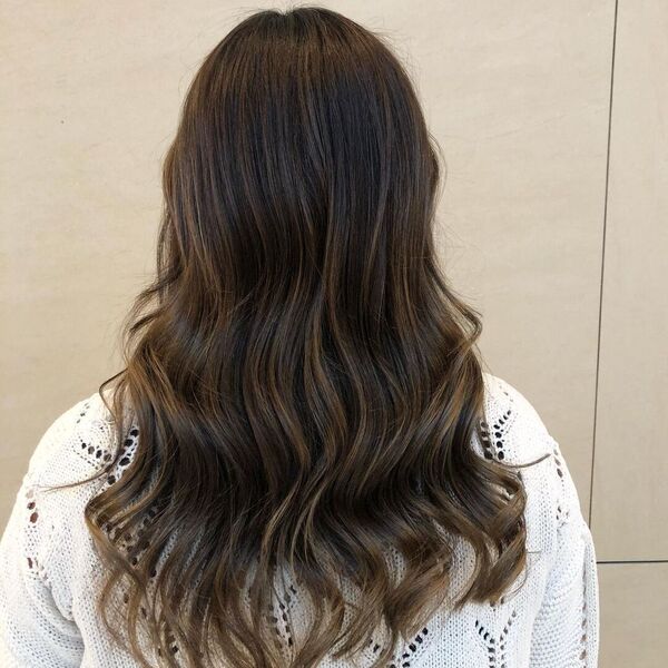 Dark Caramel Weave Balayage - a woman wearing white crochet long sleeves.