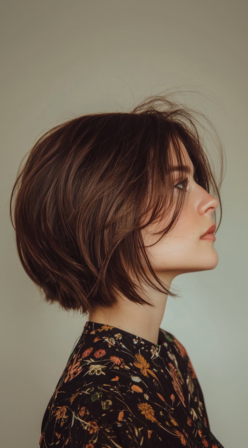 Dark, chin-length bob with textured layers and a subtle inverted shape.