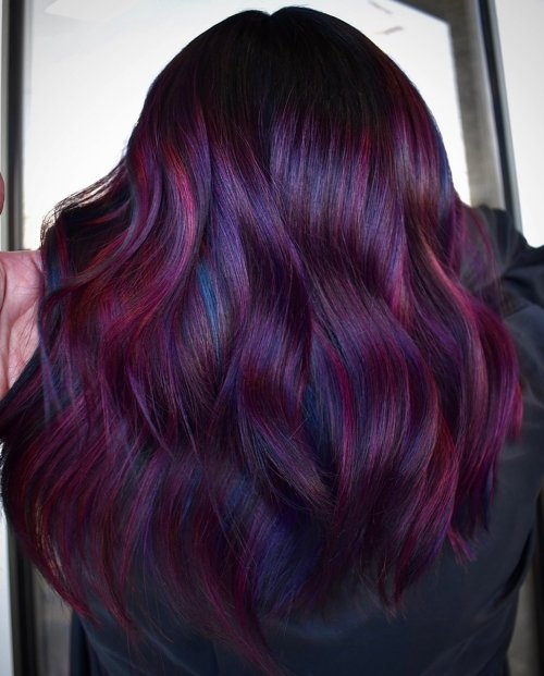 Dark Purple Hair with Peekaboo Highlights