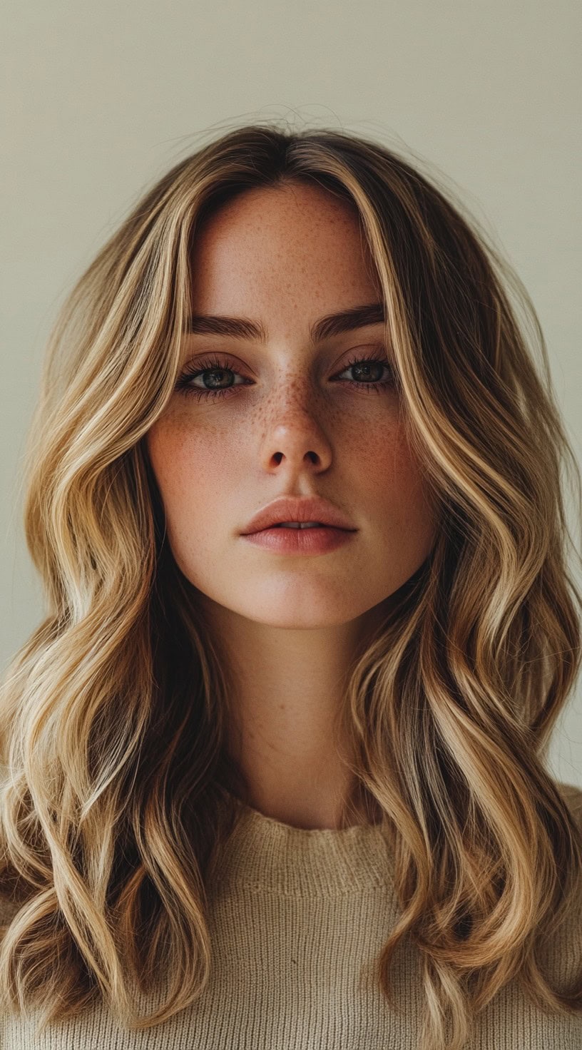 Effortless waves with warm honey caramel balayage and face-framing highlights.