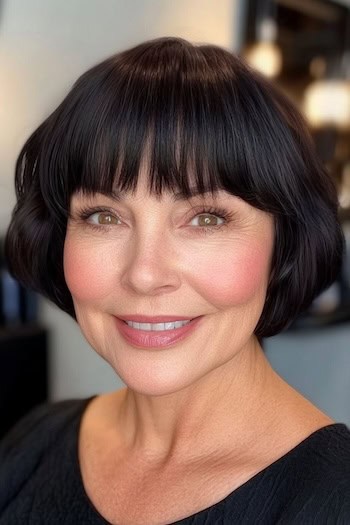 Extra Short Bob With Blunt Bangs Haircut on a smiling older woman with short dark brown hair.