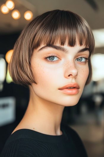 French Bob With Bangs Haircut on a woman with short brown hair.