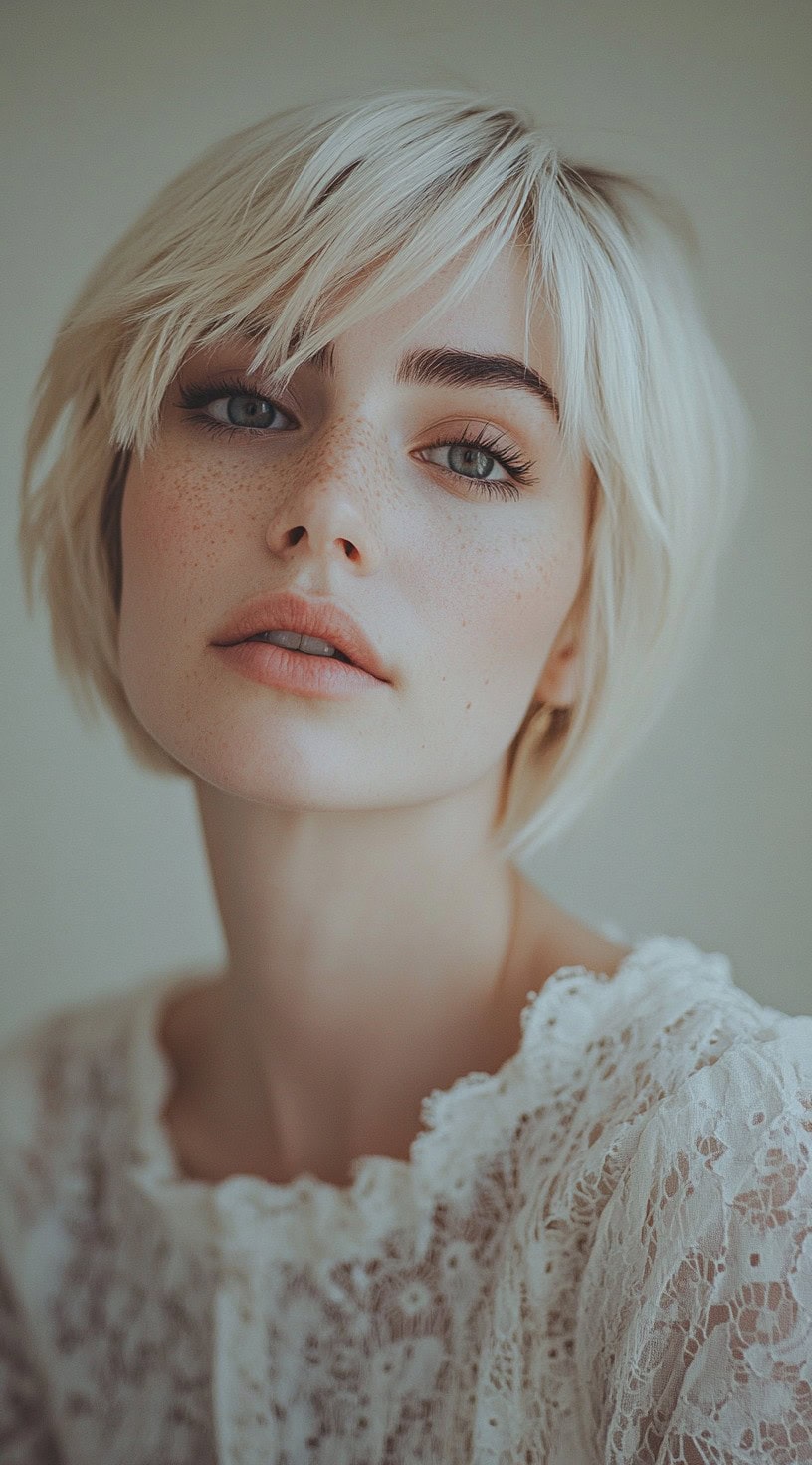 Icy blonde bob with soft, wispy bangs framing the face.