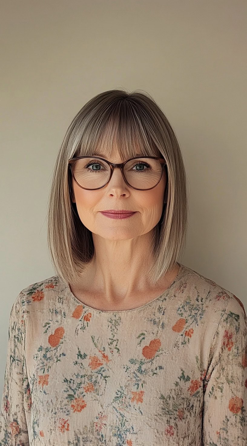 Image of a mature woman with a classic bob, full bangs, and glasses.