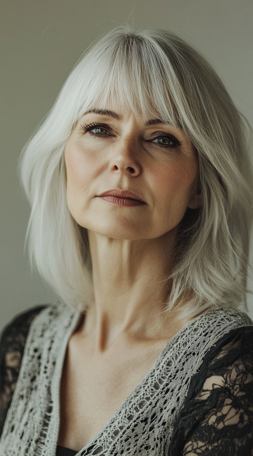 Image of a mature woman with a feathered bob haircut and soft layers.