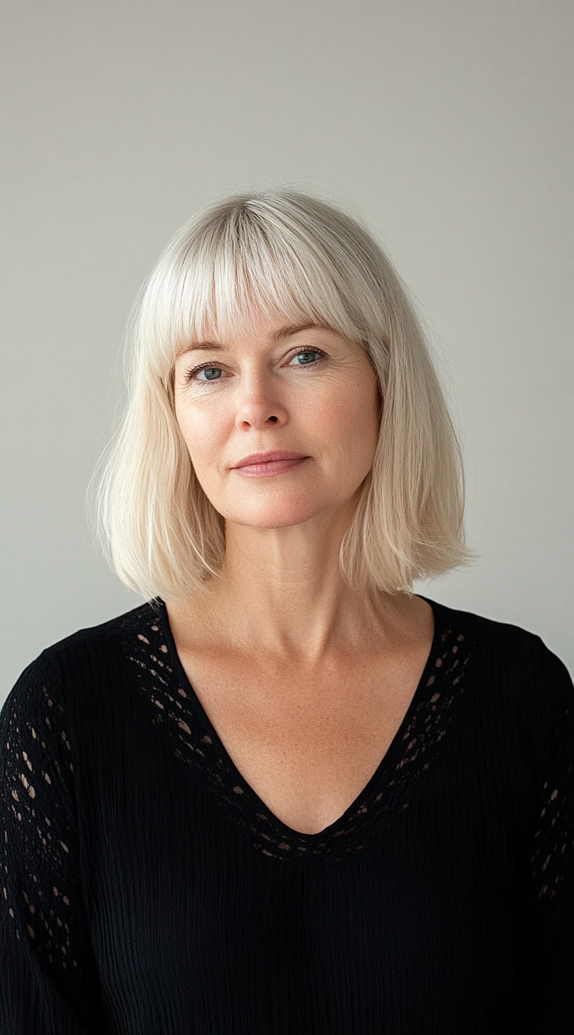 Image of a mature woman with a sleek blonde bob and light bangs.