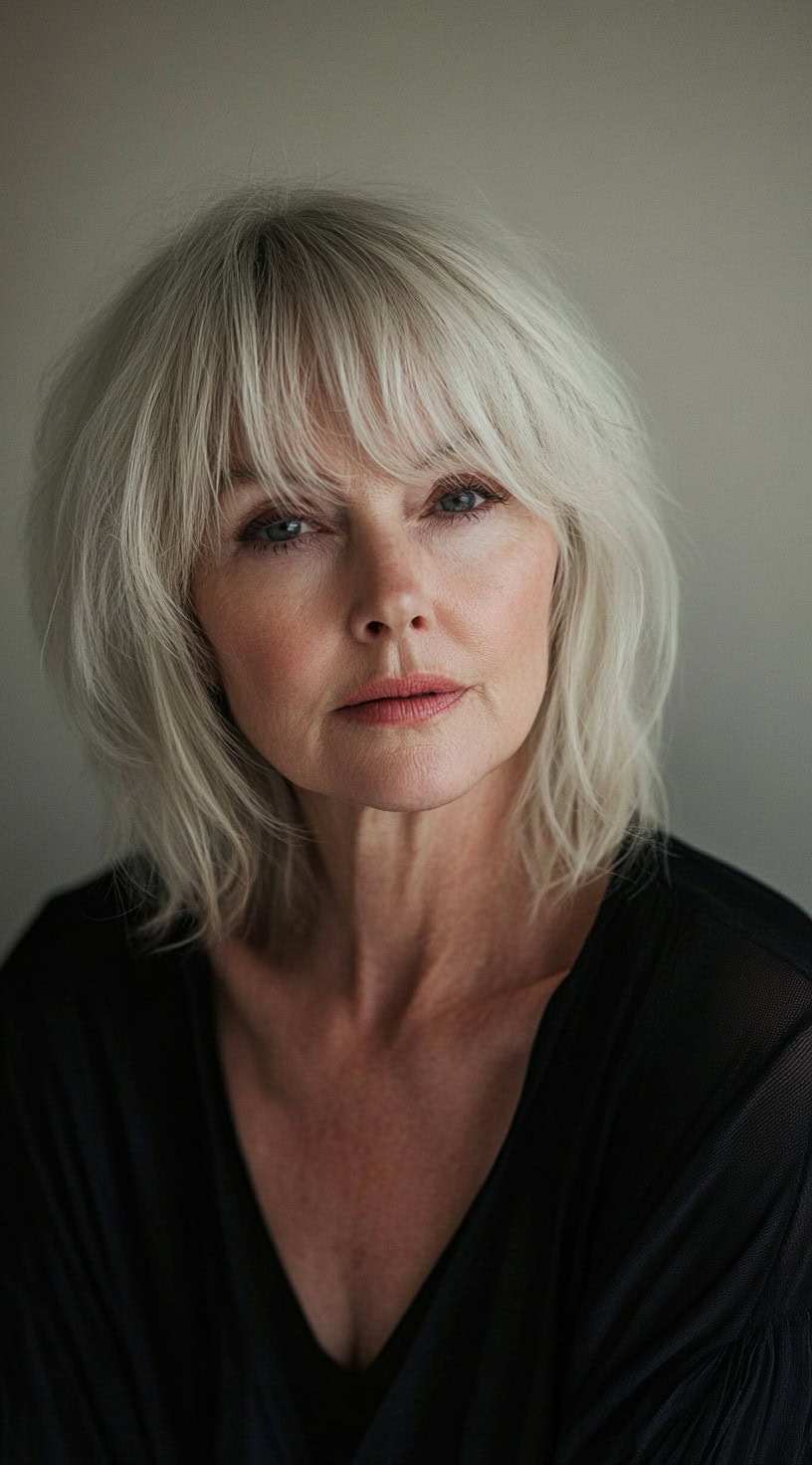 Image of a mature woman with a tousled bob and feathered bangs.