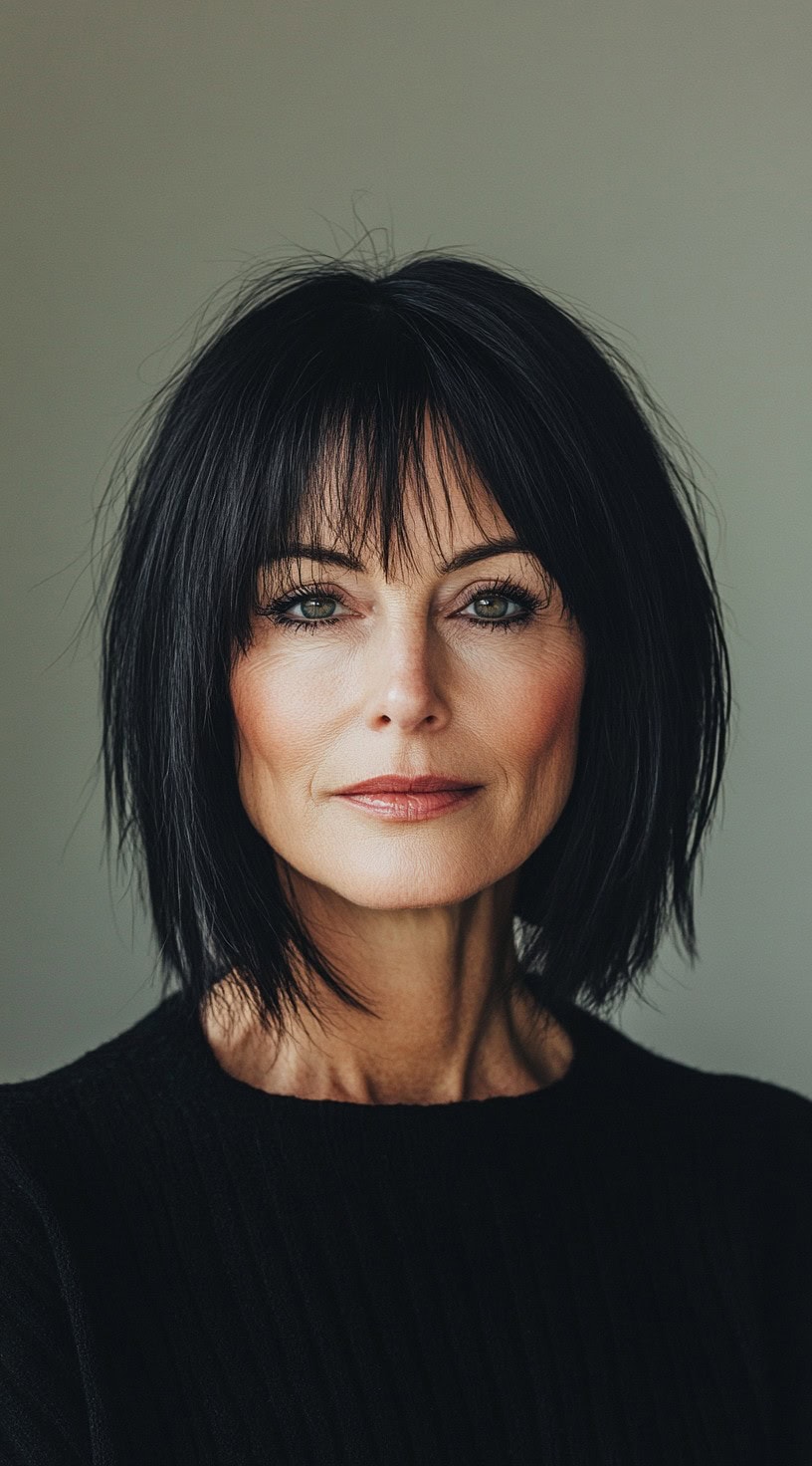 Image of a woman with a choppy bob and textured bangs.