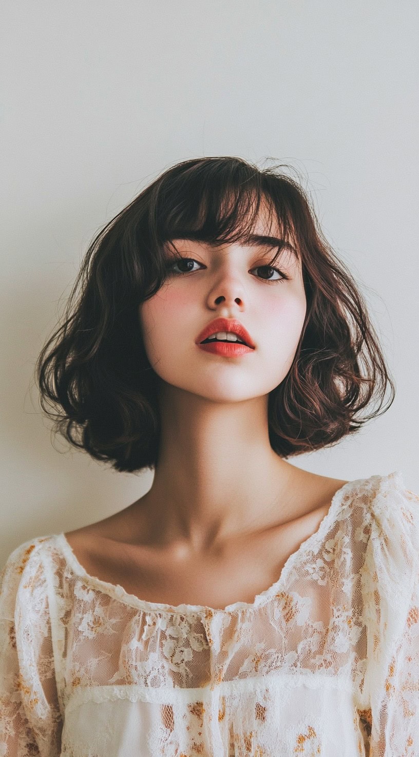 Image of a woman with a curled bob and feathered bangs.