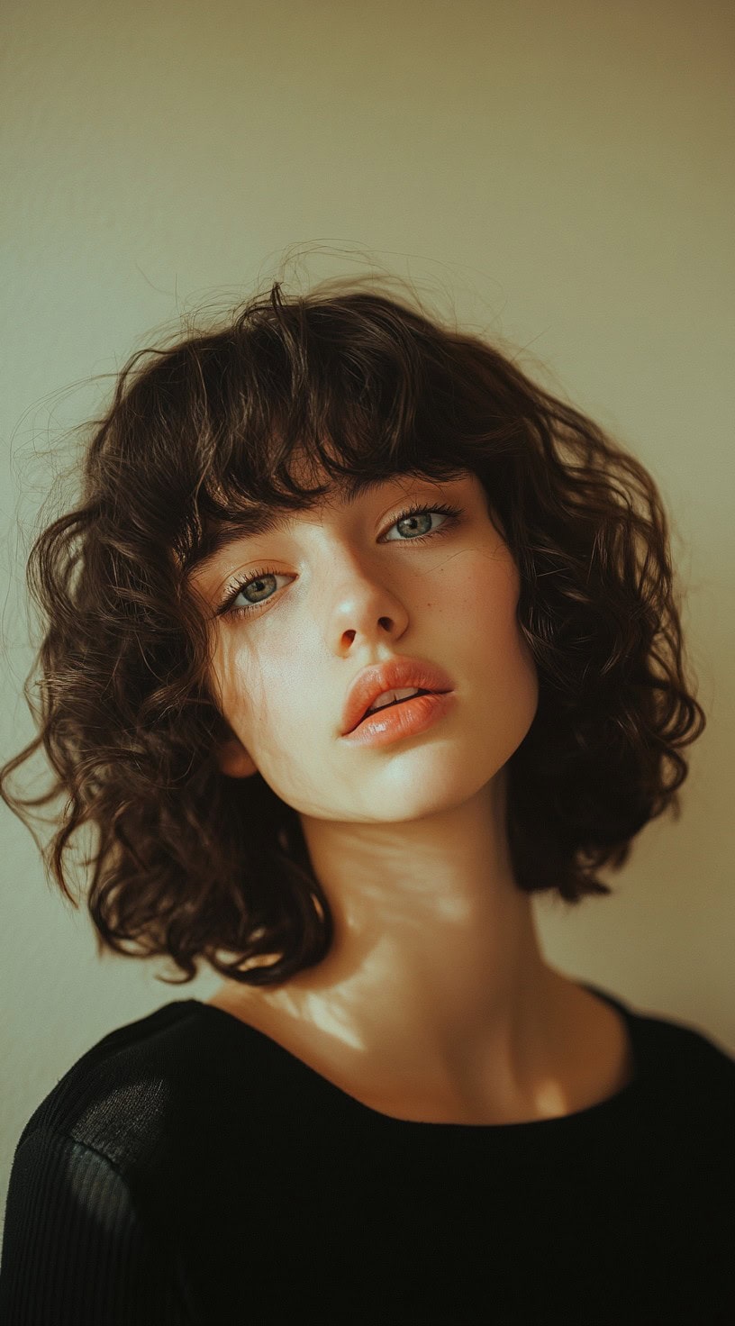 Image of a woman with a curly bob and shaggy bangs framing her face.