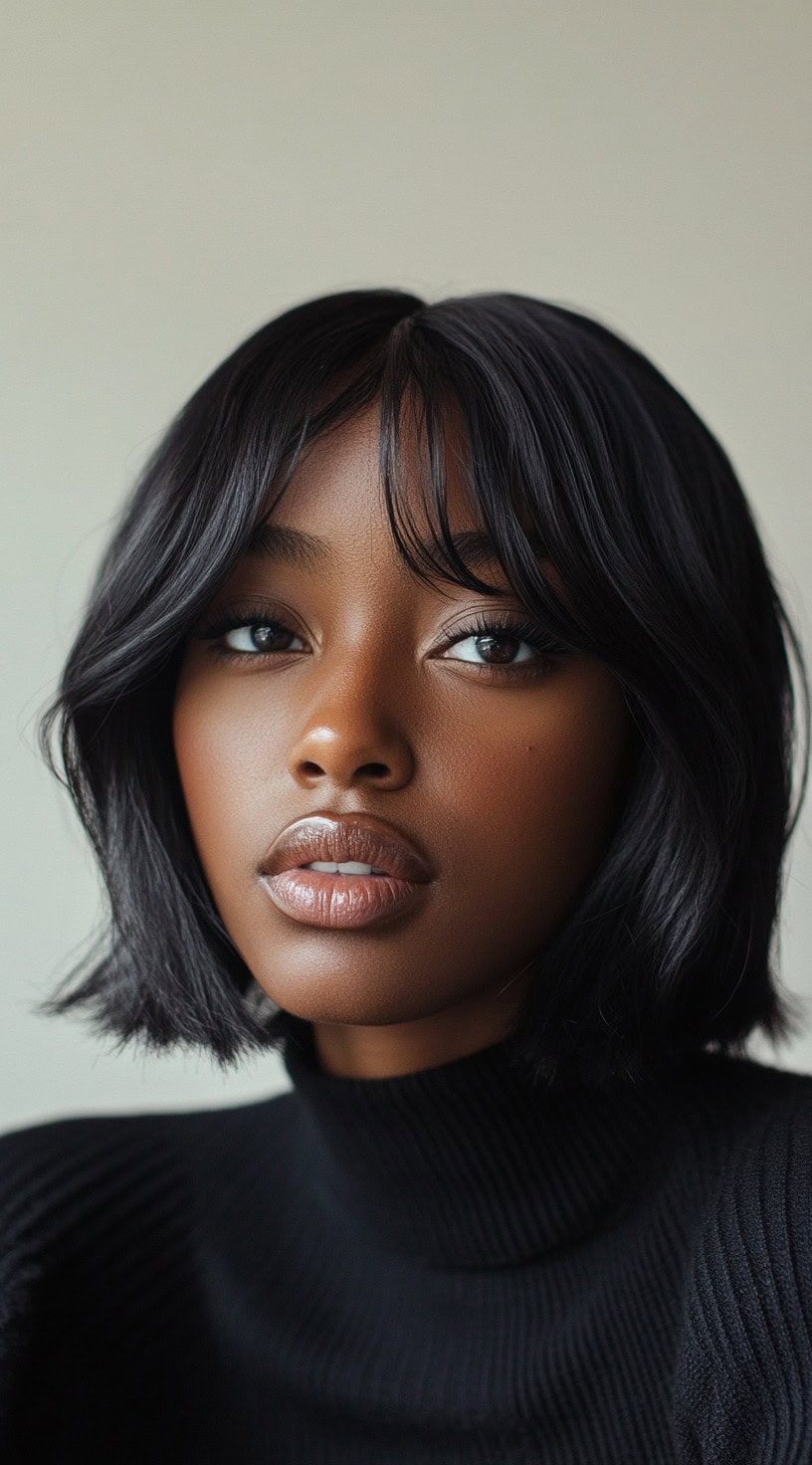 Image of a woman with a fluffy bob and long bangs lightly grazing her eyes.