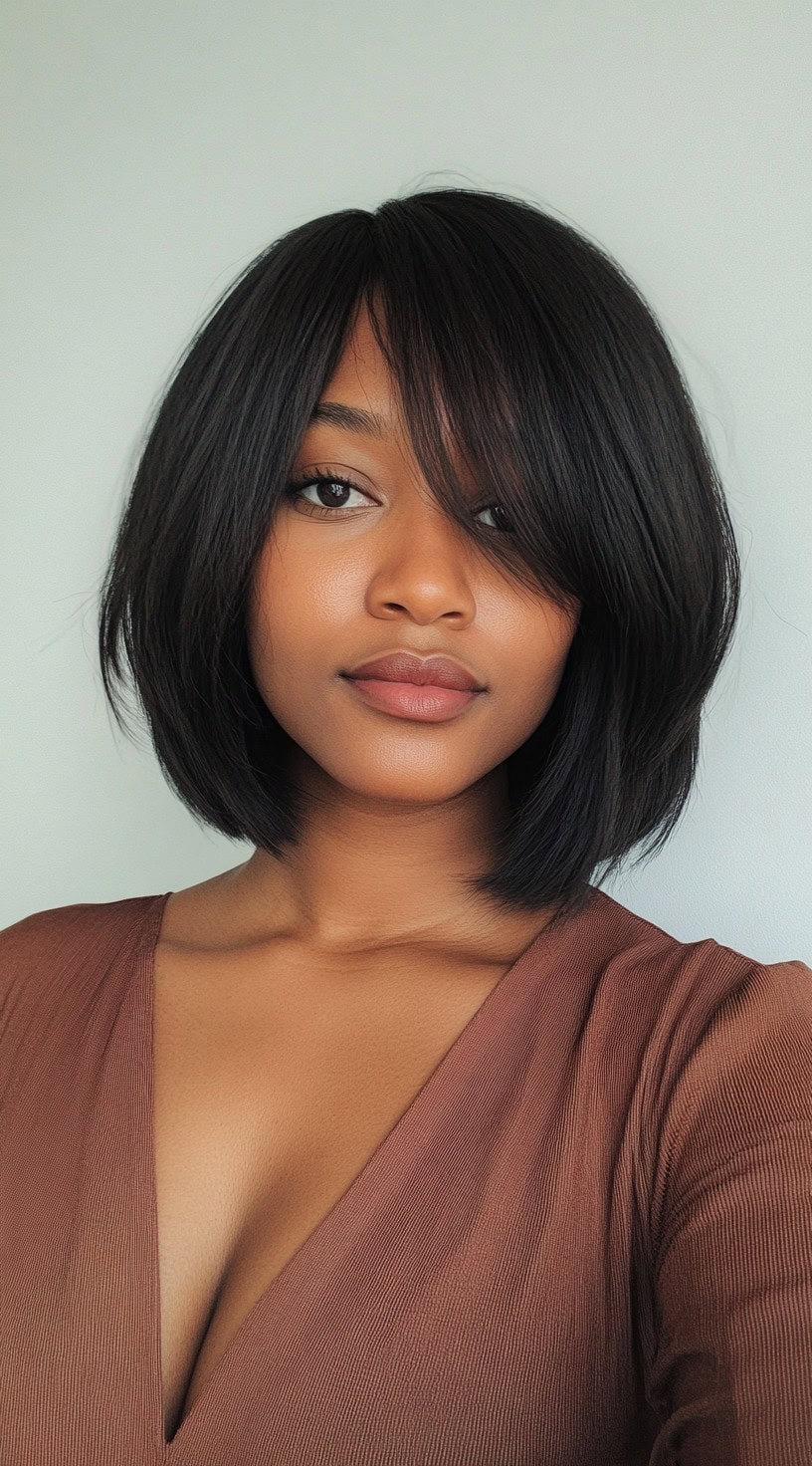 Image of a woman with a side-parted bob and long curtain bangs.