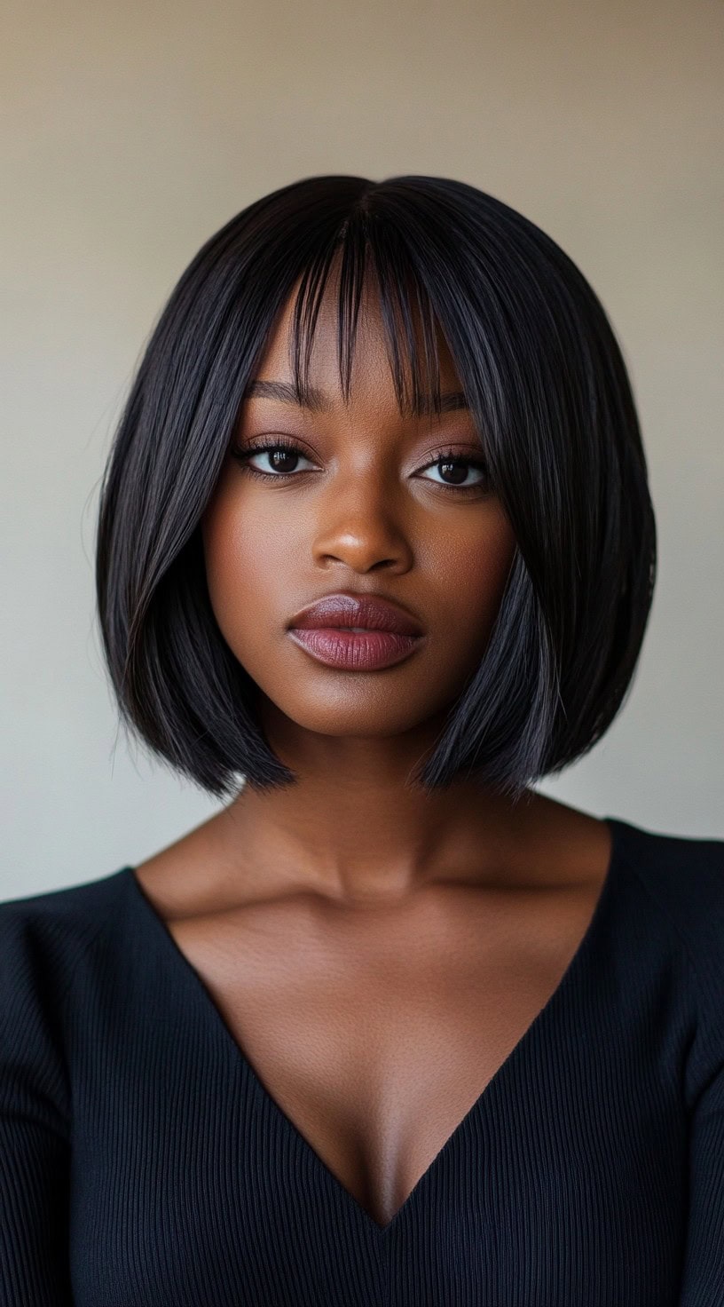 Image of a woman with a sleek bob and thin, wispy bangs.