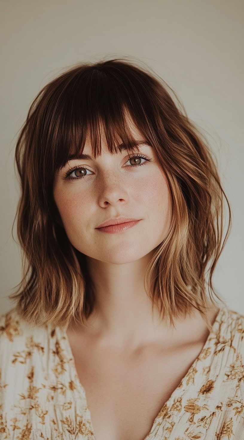 Image of a woman with a soft bob haircut featuring subtle waves and wispy bangs.