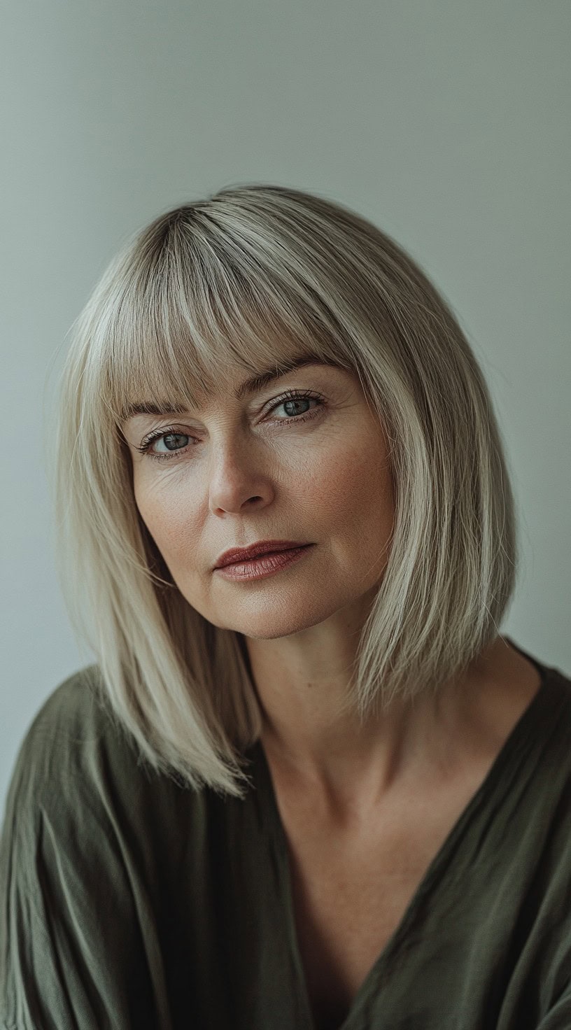 Image of a woman with a softly textured bob and blunt fringe.