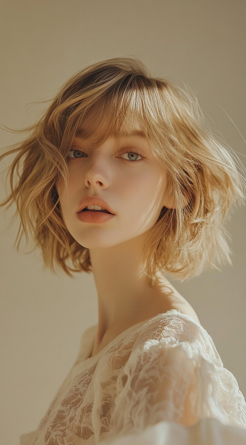 Image of a woman with a textured bob and choppy, layered bangs.