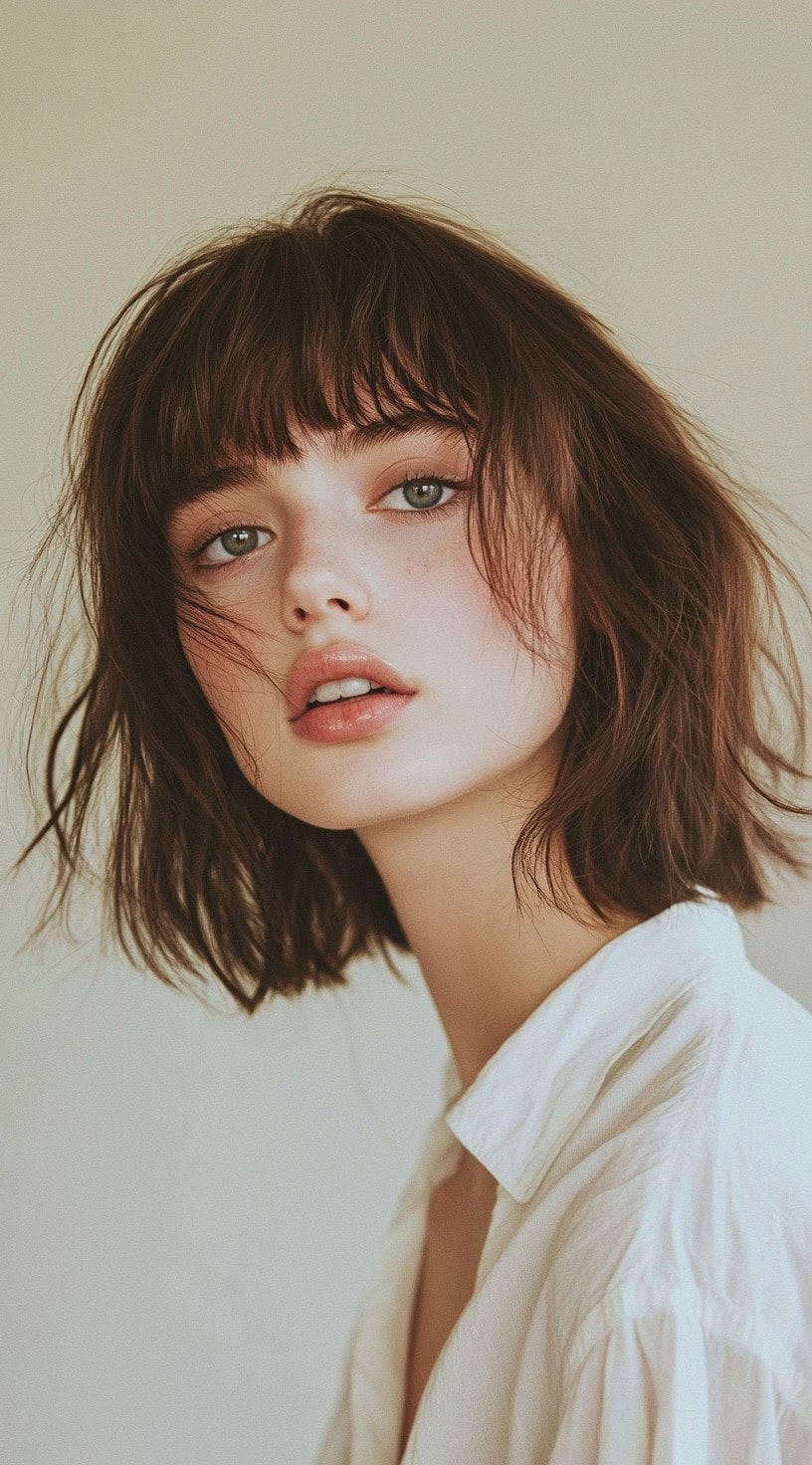 Image of a woman with a tousled bob and piecey bangs framing her face.