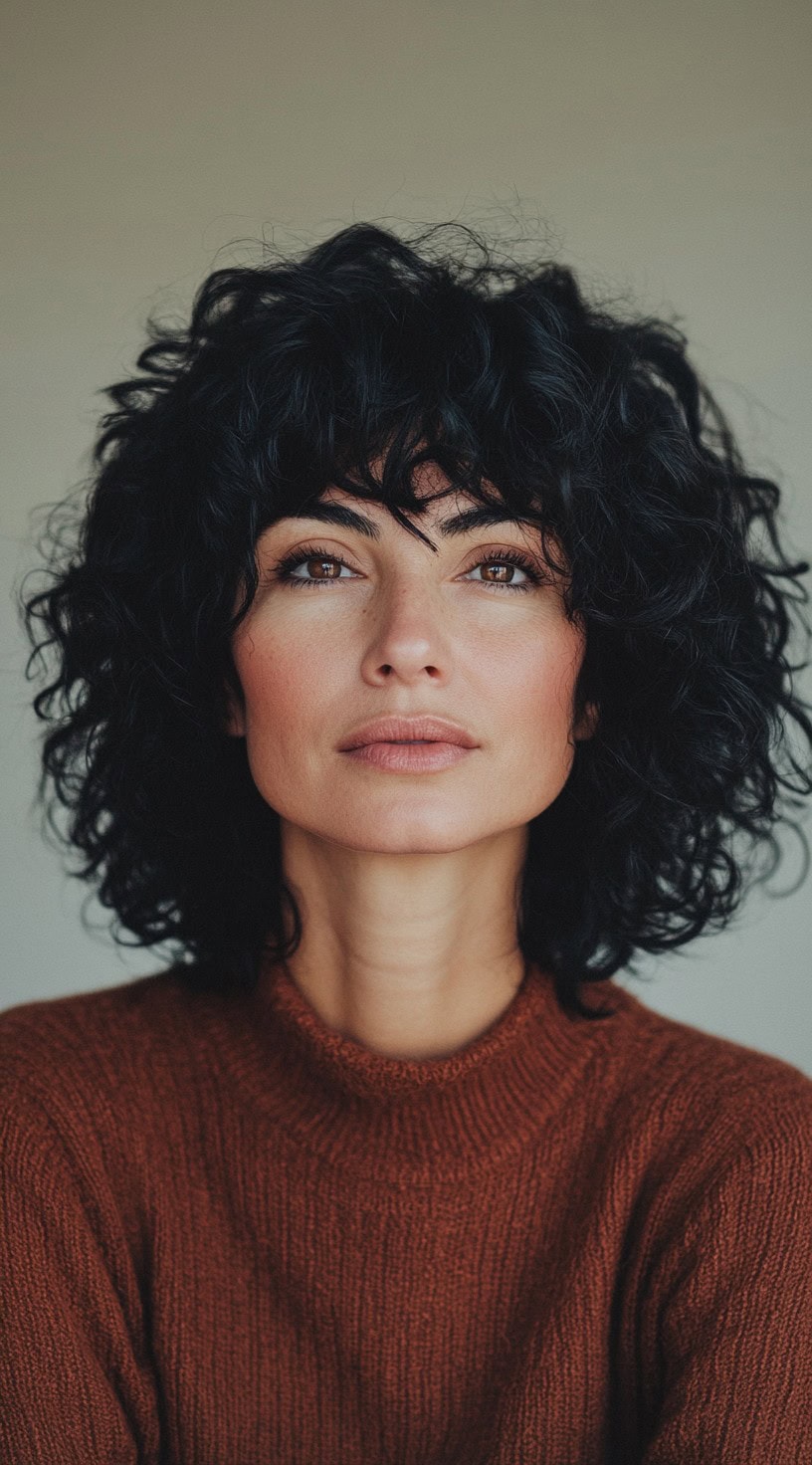 Image of a woman with defined curls and micro bangs in a bob haircut.