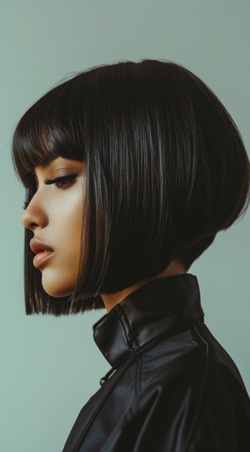 In the image, a woman is shown with an inverted bob hairstyle, characterized by blunt bangs and a sleek finish.