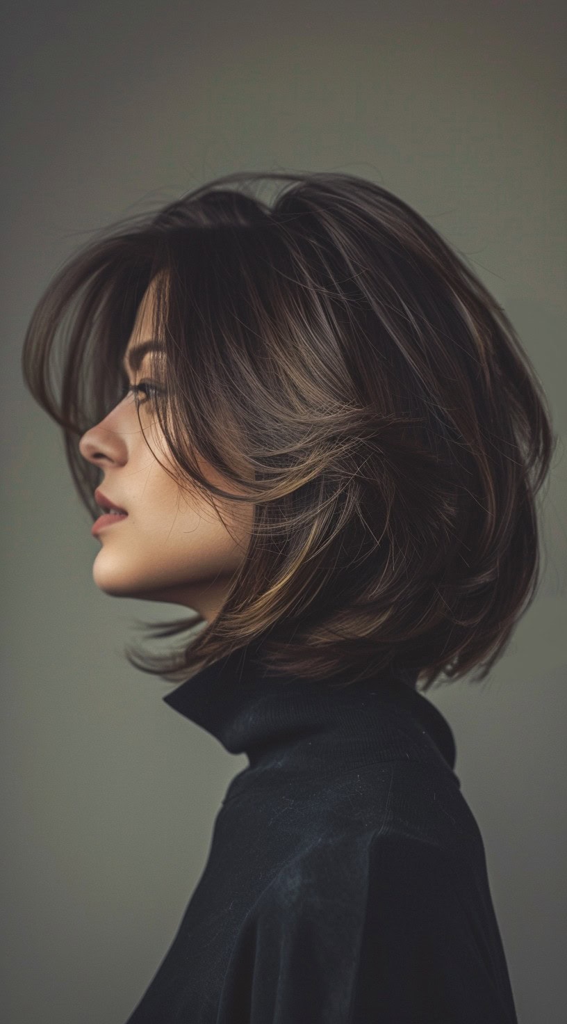 In the image, a woman with a loose layered long stacked bob hairstyle is shown, featuring soft, flowing layers.