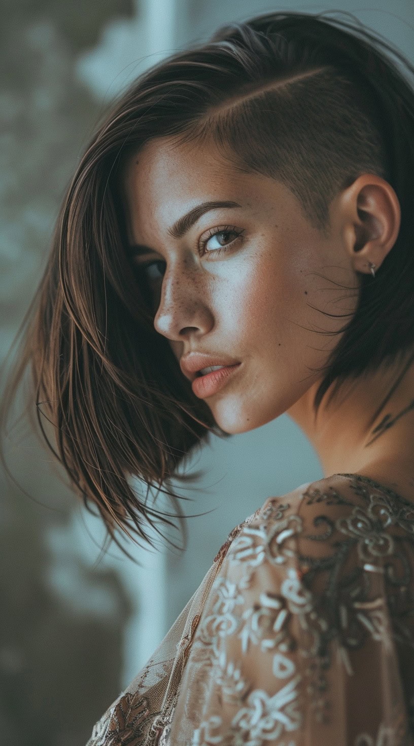 In the photo, a woman with a bold inverted lob and one side shaved gazes intensely at the camera.