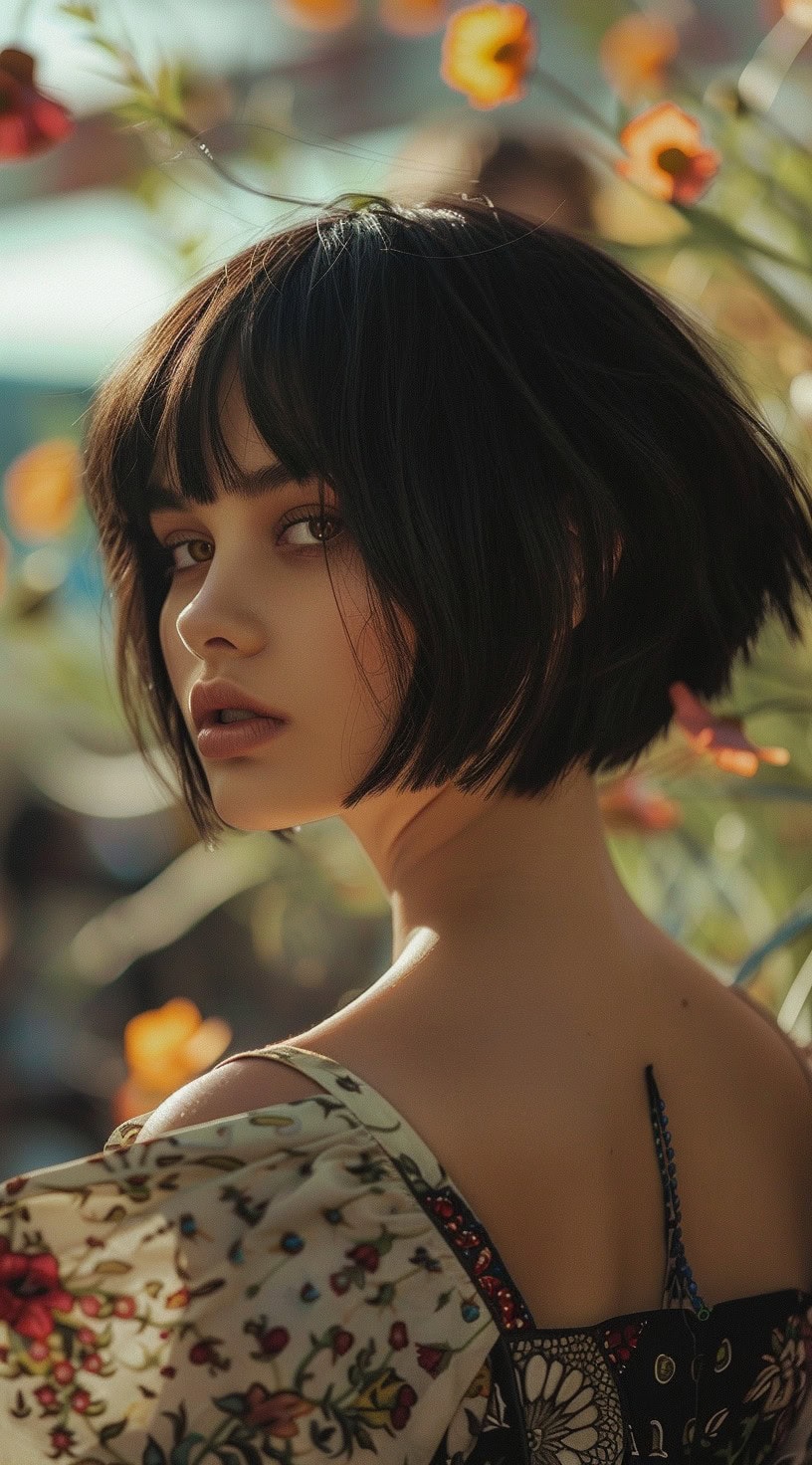 In the photo, a woman with a choppy stacked bob hairstyle featuring bangs is shown in a garden setting.