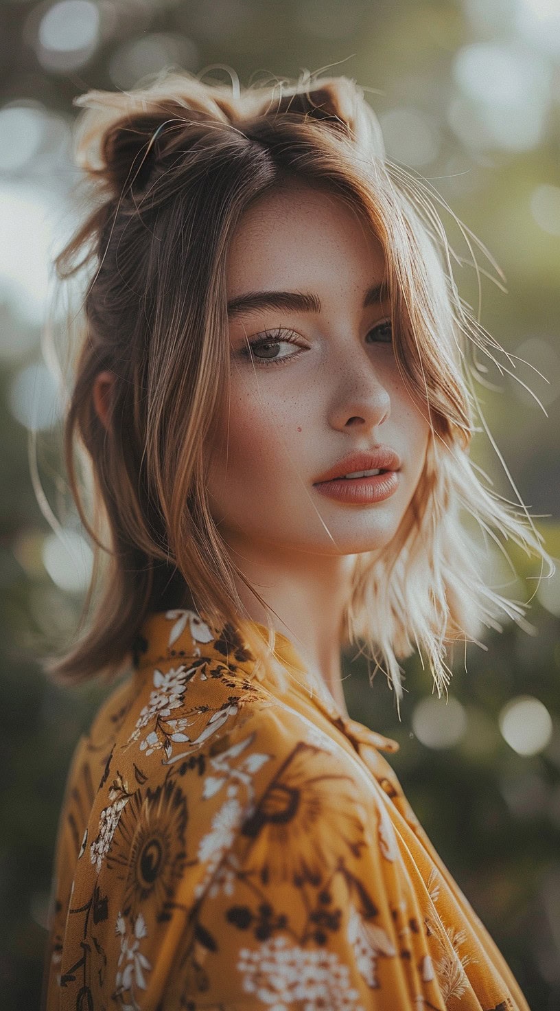 In the photo, a woman with a half-up half-down lob with double high knots poses in a sunlit setting.