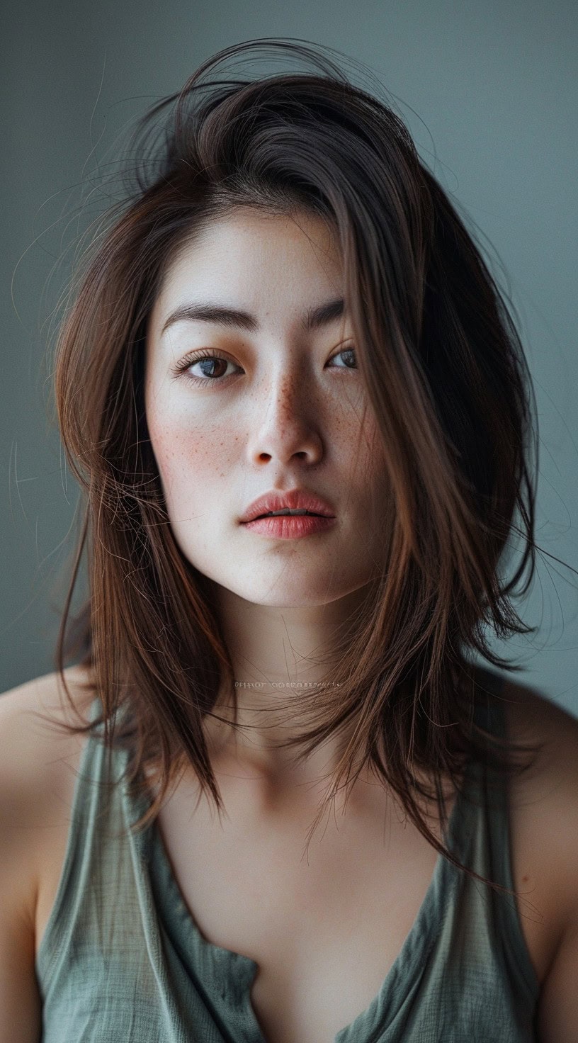 In the photo, a woman with a layered lob and side-swept bangs looks directly at the camera.