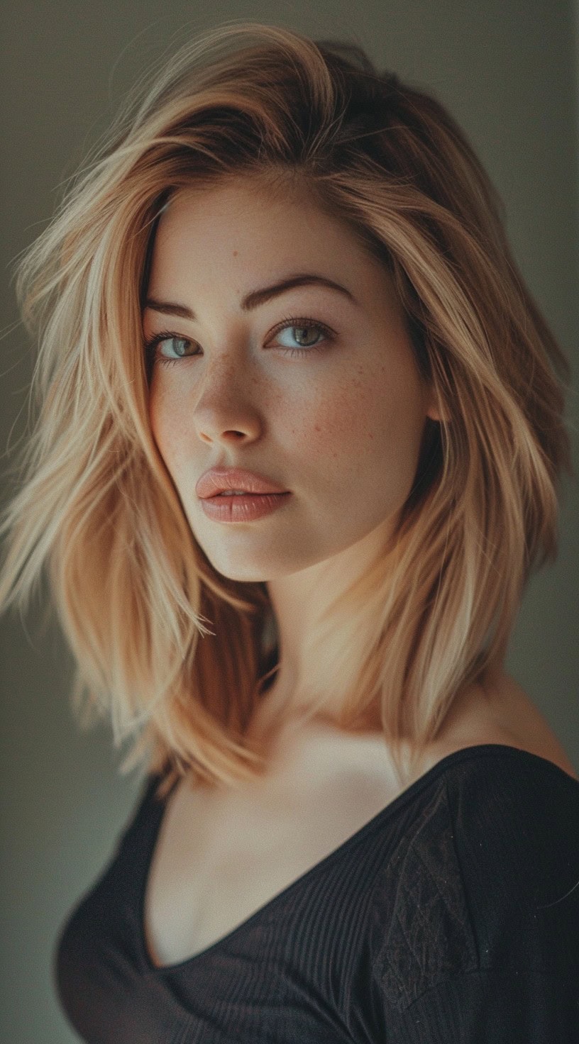 In the photo, a woman with a layered lob hairstyle looks off to the side with her hair slightly tousled.