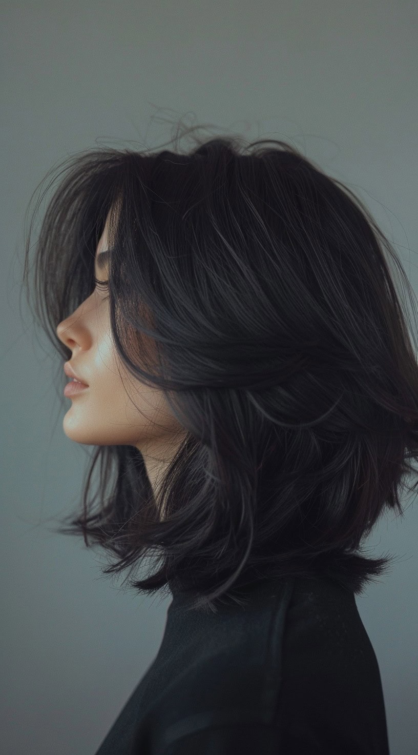 In the photo, a woman with a layered long stacked bob hairstyle is shown from the side, featuring soft, voluminous layers.