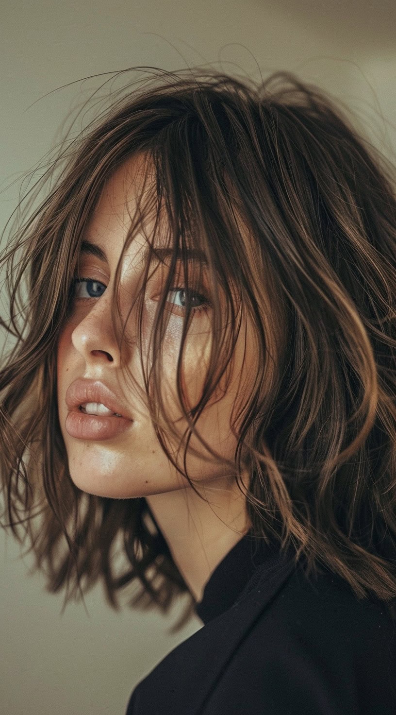 In the photo, a woman with a messy lob and loose waves looks confidently into the camera.