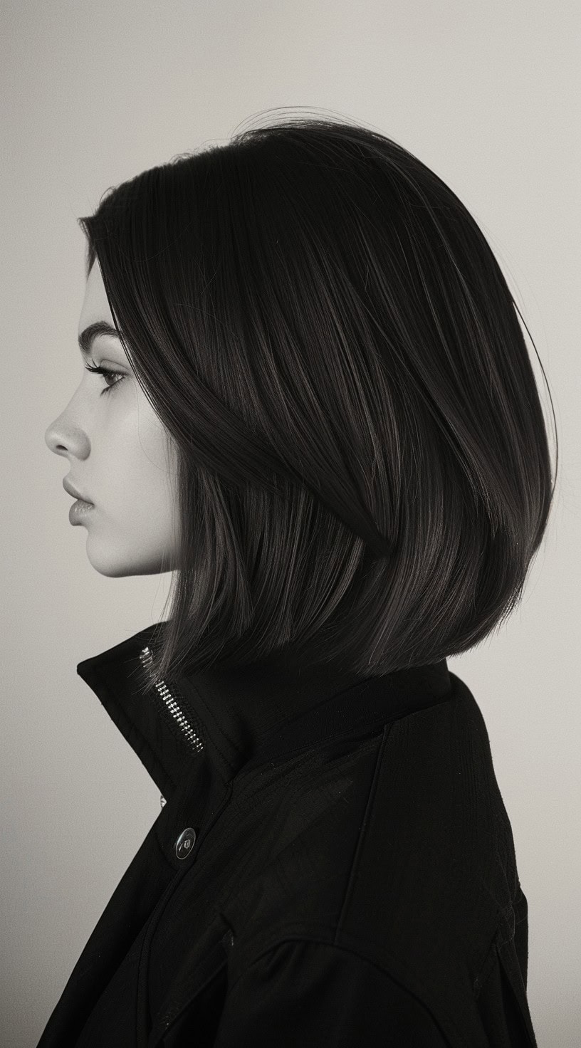 In the photo, a woman with a stacked long bob hairstyle featuring subtle swoopy layers is shown from the side.