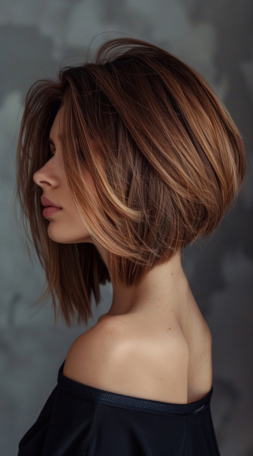 In the photo, a woman with a tousled inverted long stacked bob hairstyle featuring layered volume is shown from the side.