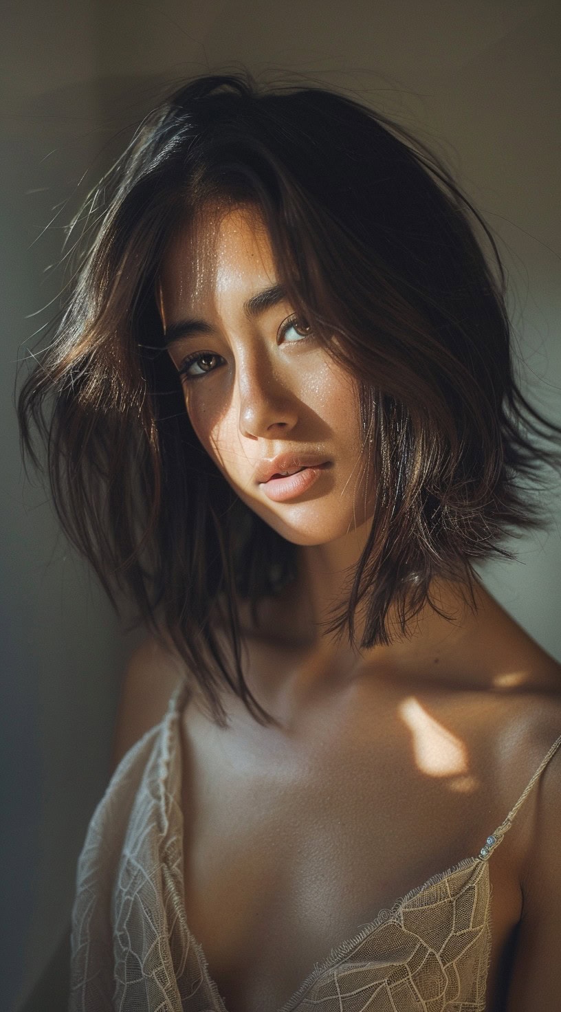 In the photo, a woman with a tousled lob and natural waves is bathed in sunlight.