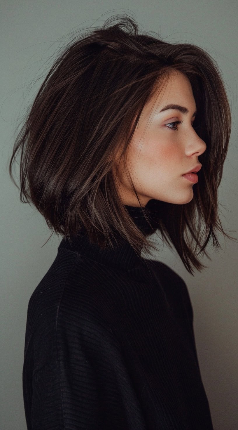 In the photo, a woman with dark brown hair is shown from the side, featuring an angled collarbone-length stacked bob hairstyle.