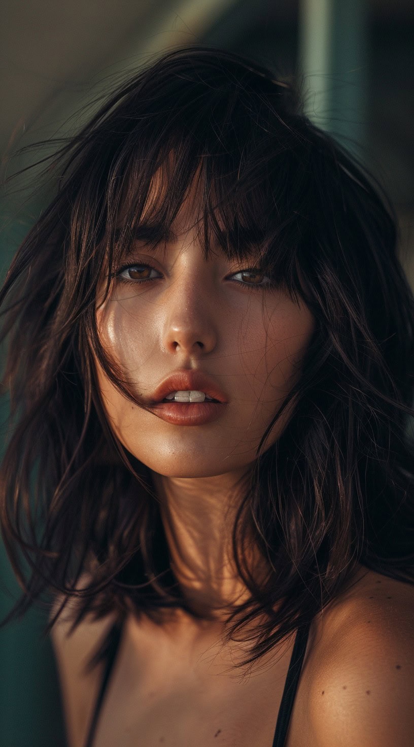 In the photo, a woman with wispy bangs and a textured lob hairstyle is captured with wind-swept hair.