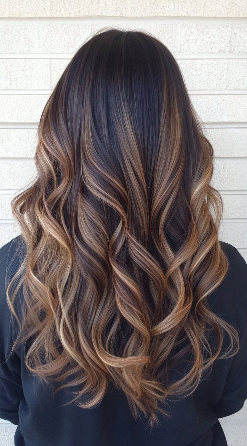 In this image, dark brown hair is styled with soft, cascading curls that feature subtle caramel balayage highlights throughout the length.