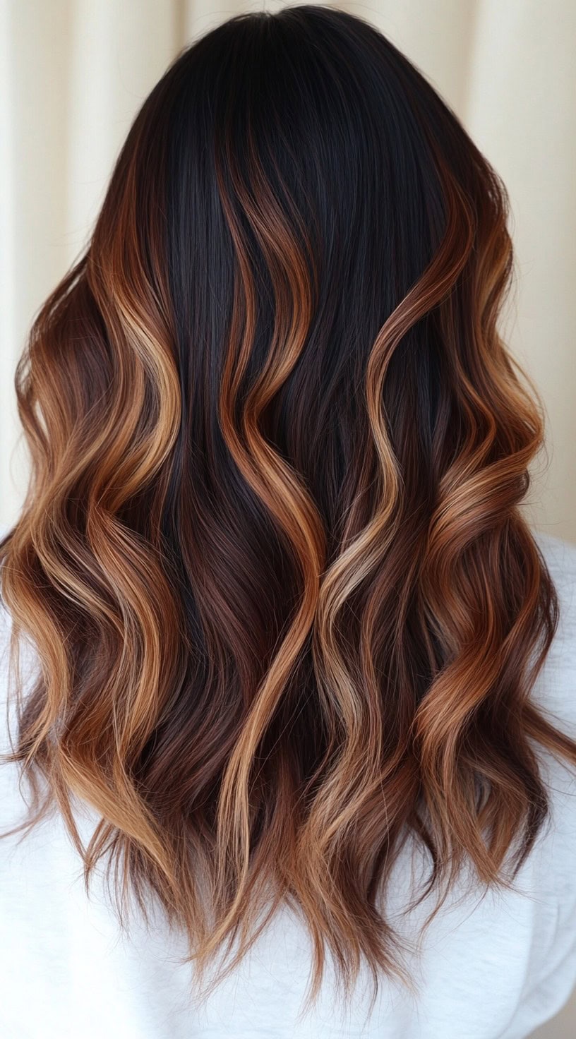 In this image, long loose waves cascade down with dark caramel balayage highlights woven throughout a dark brown base.