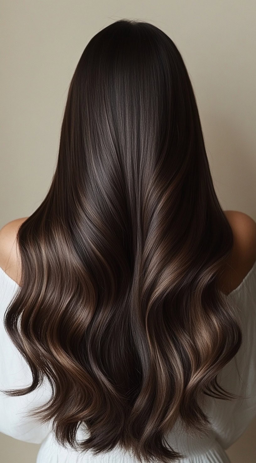 In this image, long, sleek hair flows beautifully with subtle dark caramel balayage on a deep brunette base.