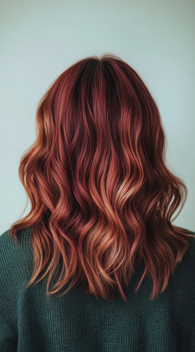 In this image, rich red waves blend seamlessly with soft caramel balayage highlights at the mid-lengths and ends.