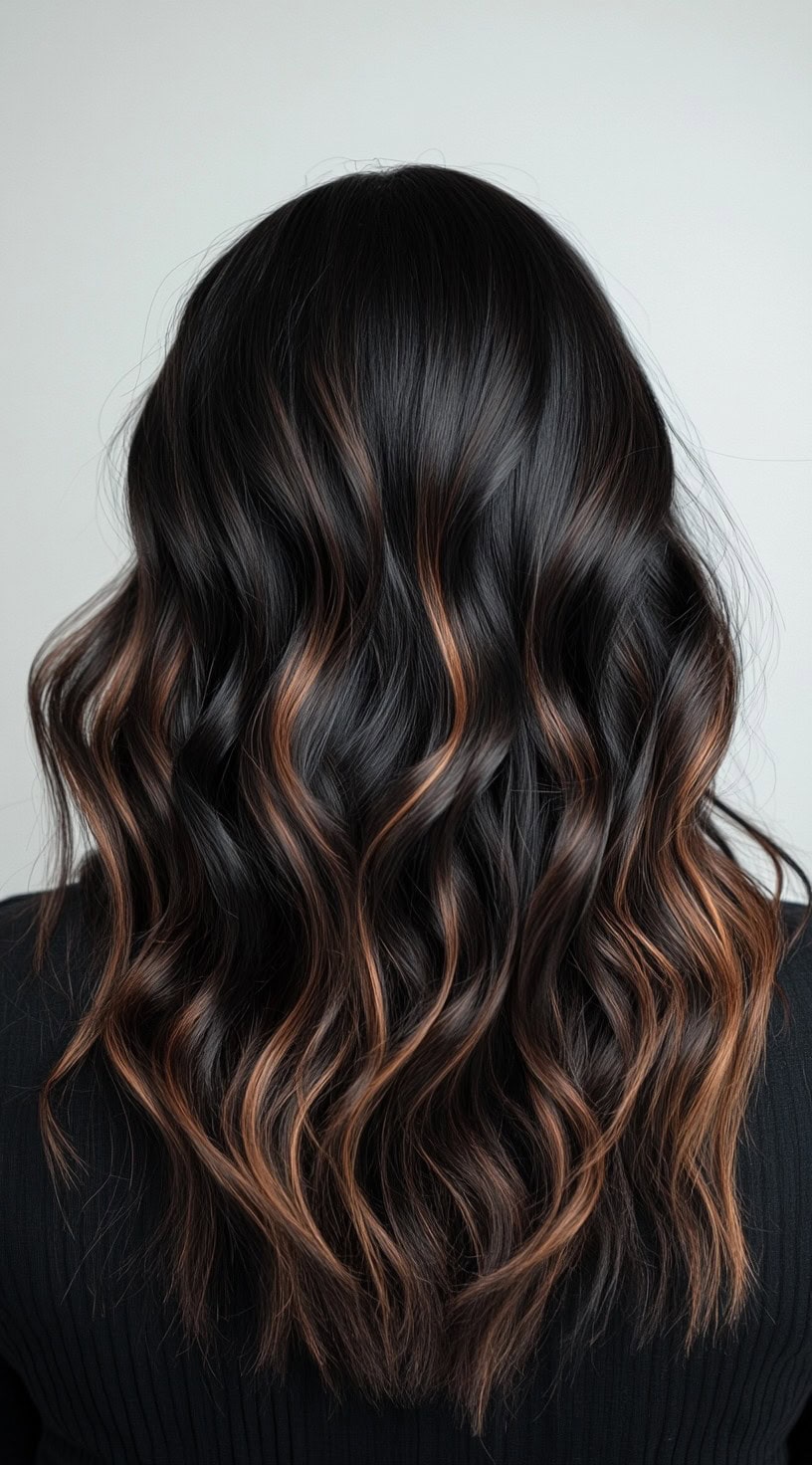 In this image, textured waves are highlighted with dark caramel balayage on a black base, adding depth and richness.